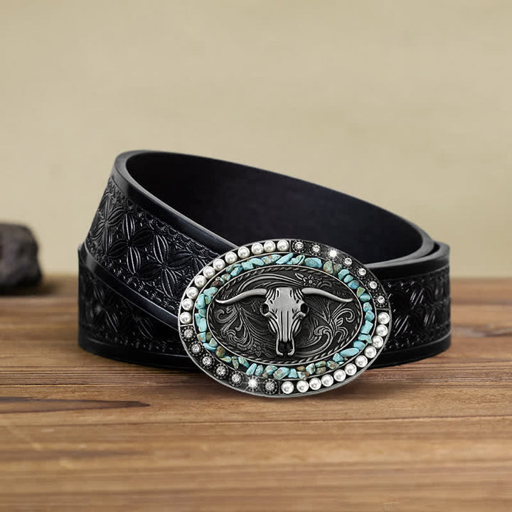 Ceinture en cuir à boucle taureau avec pierres scintillantes pour homme