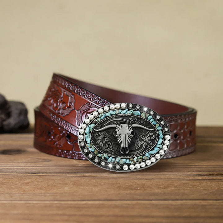 Ceinture en cuir à boucle taureau avec pierres scintillantes pour homme