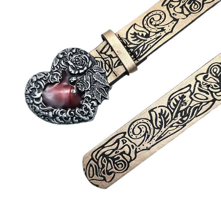 Ceinture en cuir avec motif de rose en relief et cœur en émail rouge