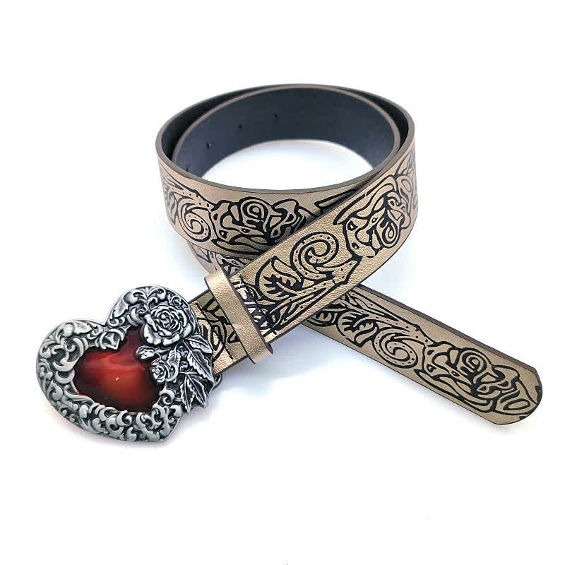 Ceinture en cuir avec motif de rose en relief et cœur en émail rouge