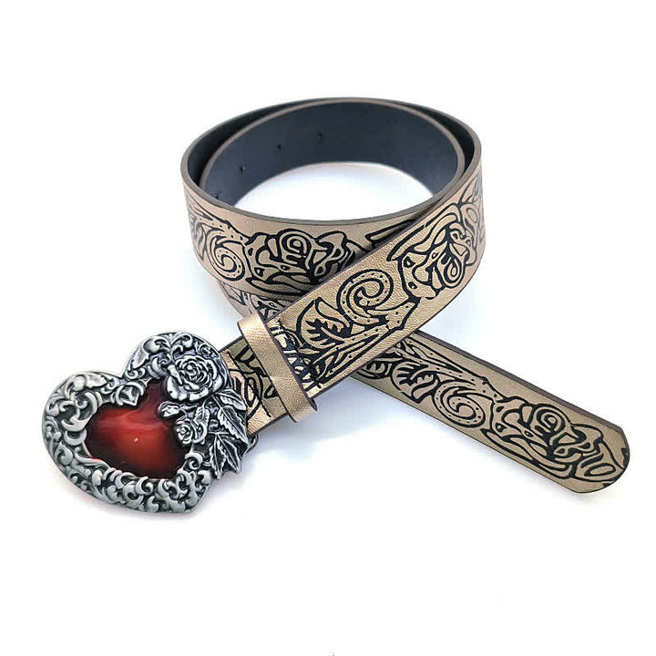 Ceinture en cuir avec motif de rose en relief et cœur en émail rouge