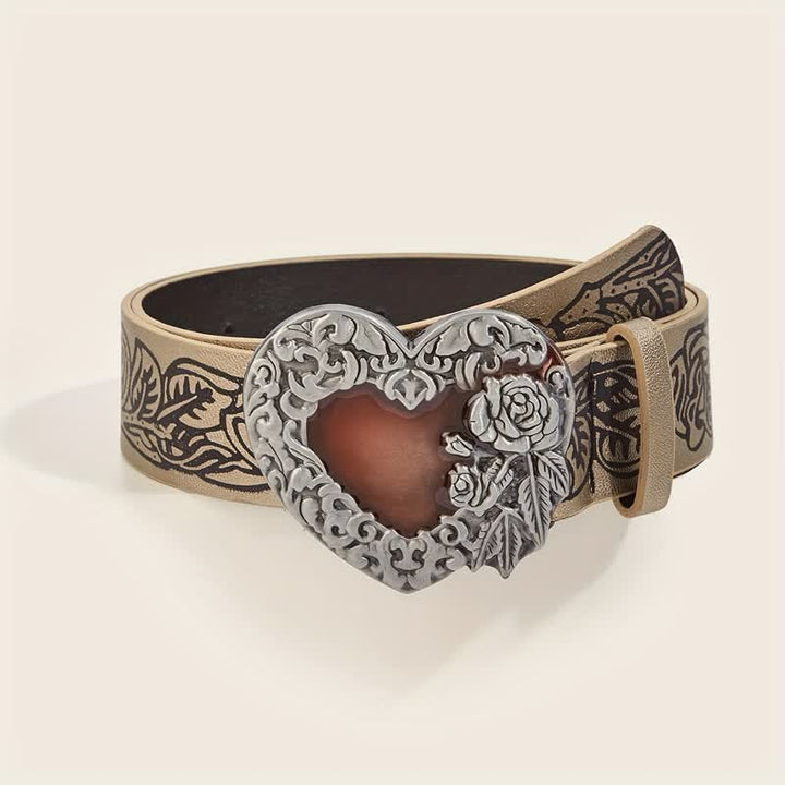 Ceinture en cuir avec motif de rose en relief et cœur en émail rouge