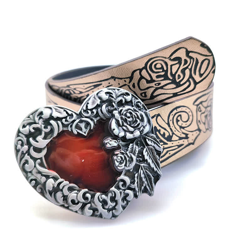 Ceinture en cuir avec motif de rose en relief et cœur en émail rouge