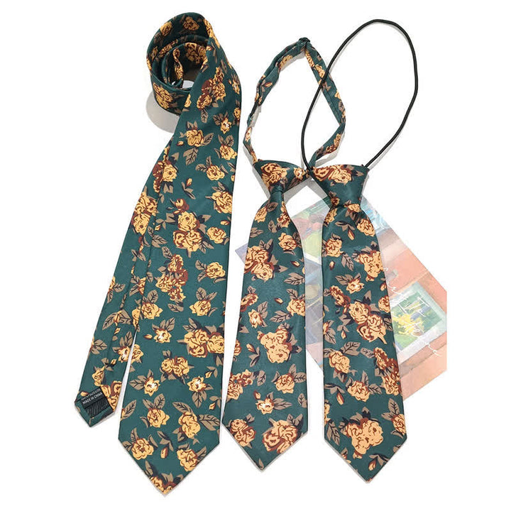 Cravate vintage à imprimé floral vert foncé et jaune pour homme