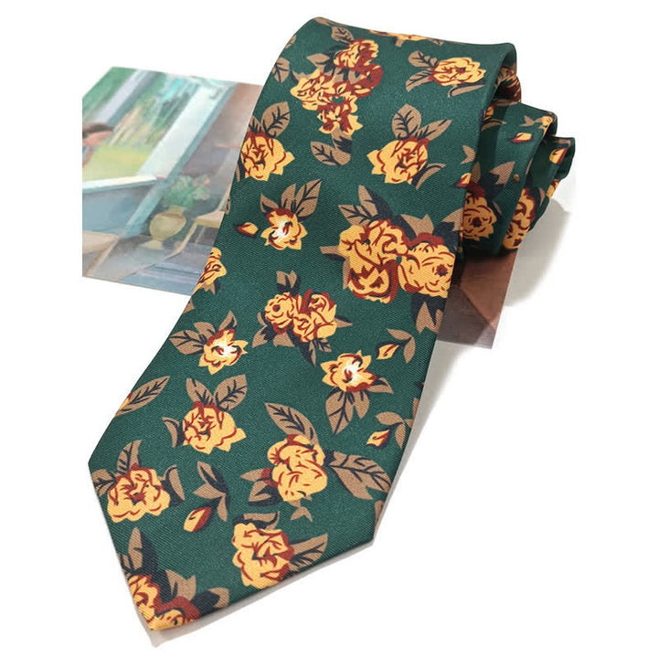 Cravate vintage à imprimé floral vert foncé et jaune pour homme