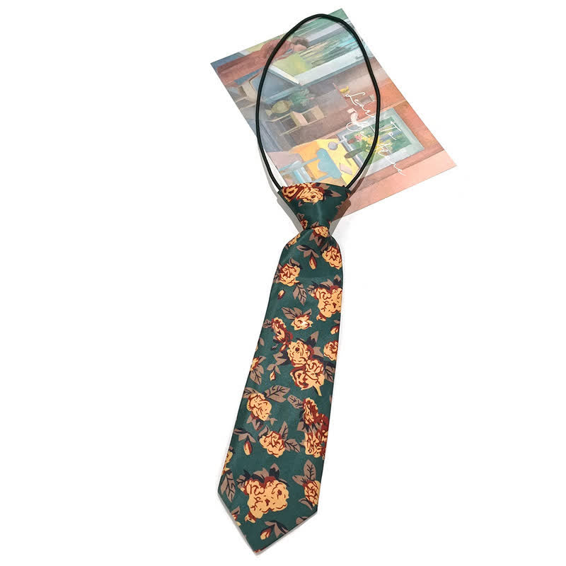 Cravate vintage à imprimé floral vert foncé et jaune pour homme