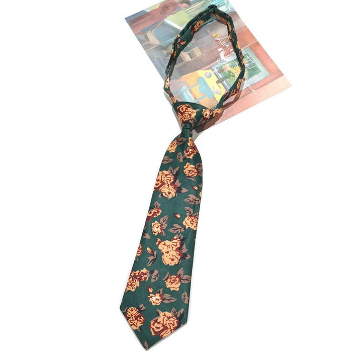 Cravate vintage à imprimé floral vert foncé et jaune pour homme