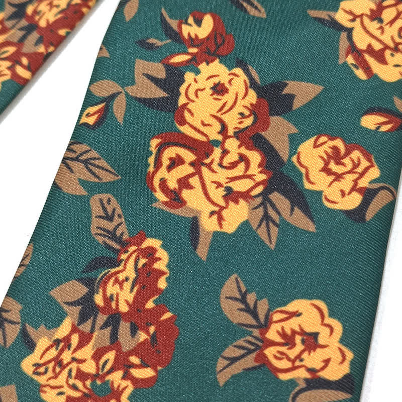 Cravate vintage à imprimé floral vert foncé et jaune pour homme