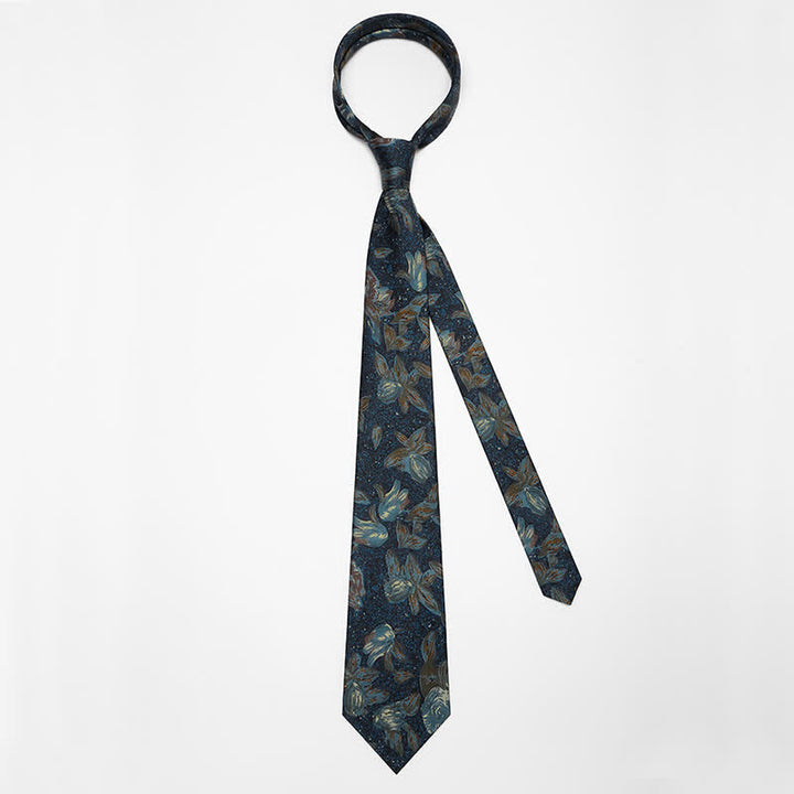 Cravate à motif floral bleu marine rétro pour homme avec peinture à l'huile