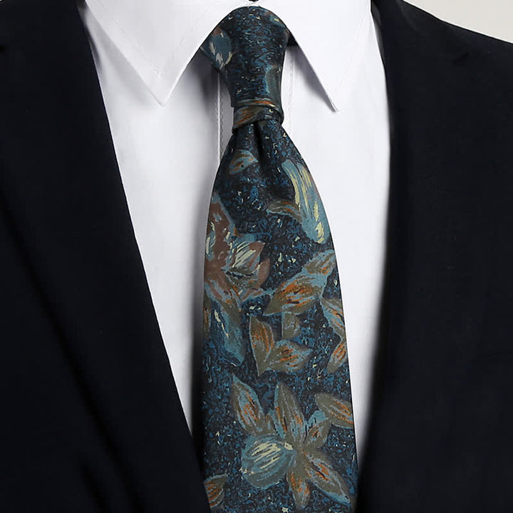 Cravate à motif floral bleu marine rétro pour homme avec peinture à l'huile