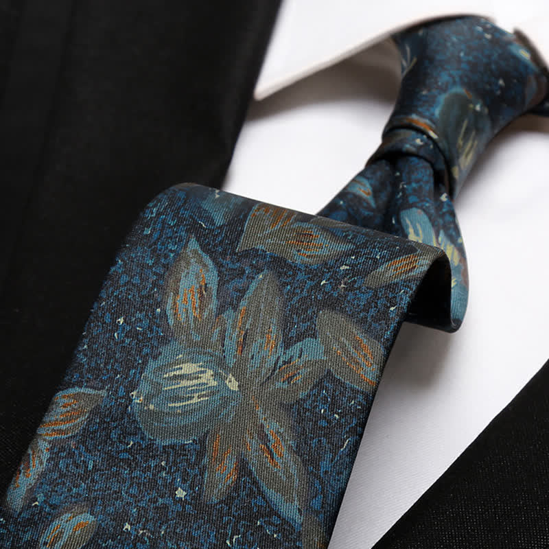 Cravate à motif floral bleu marine rétro pour homme avec peinture à l'huile