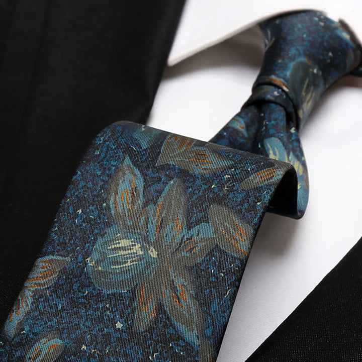 Cravate à motif floral bleu marine rétro pour homme avec peinture à l'huile