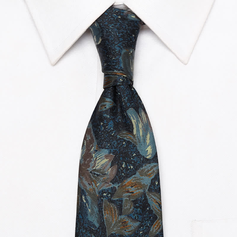 Cravate à motif floral bleu marine rétro pour homme avec peinture à l'huile