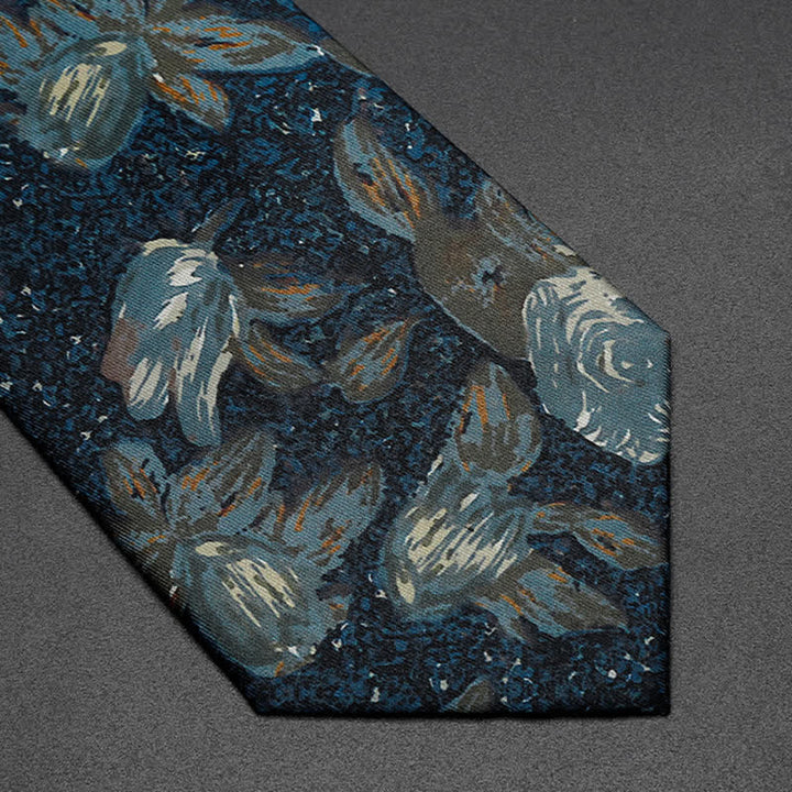 Cravate à motif floral bleu marine rétro pour homme avec peinture à l'huile