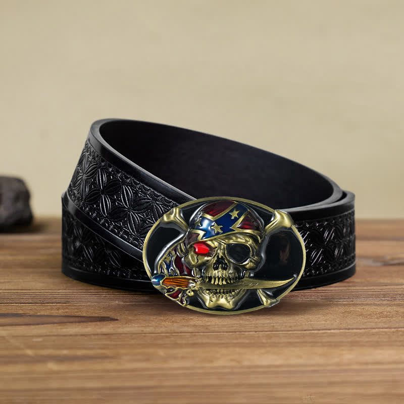 Ceinture en cuir à boucle pour homme avec tête de mort pirate