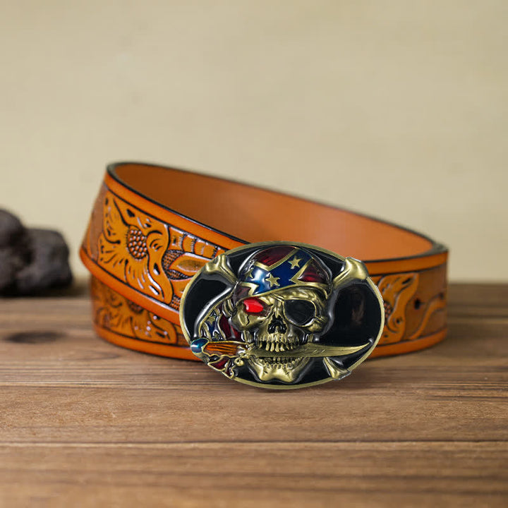 Ceinture en cuir à boucle pour homme avec tête de mort pirate