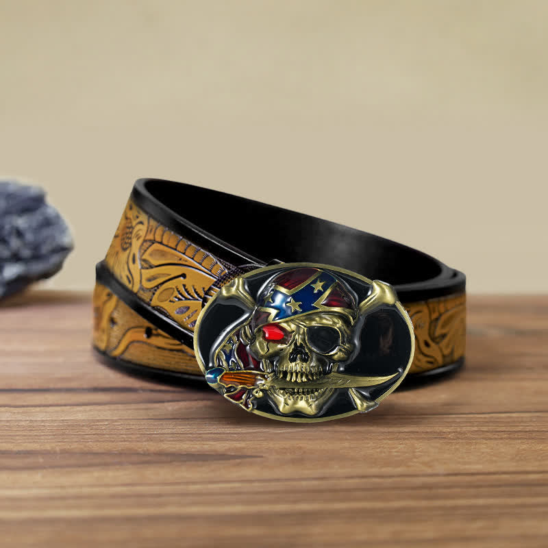 Ceinture en cuir à boucle pour homme avec tête de mort pirate