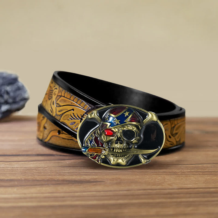 Ceinture en cuir à boucle pour homme avec tête de mort pirate