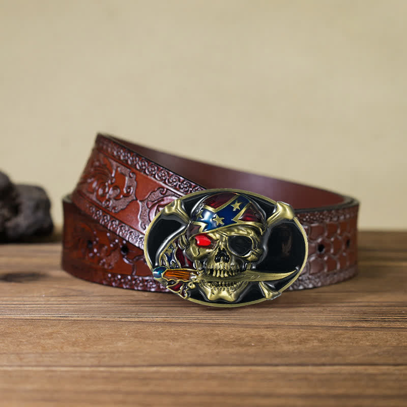 Ceinture en cuir à boucle pour homme avec tête de mort pirate