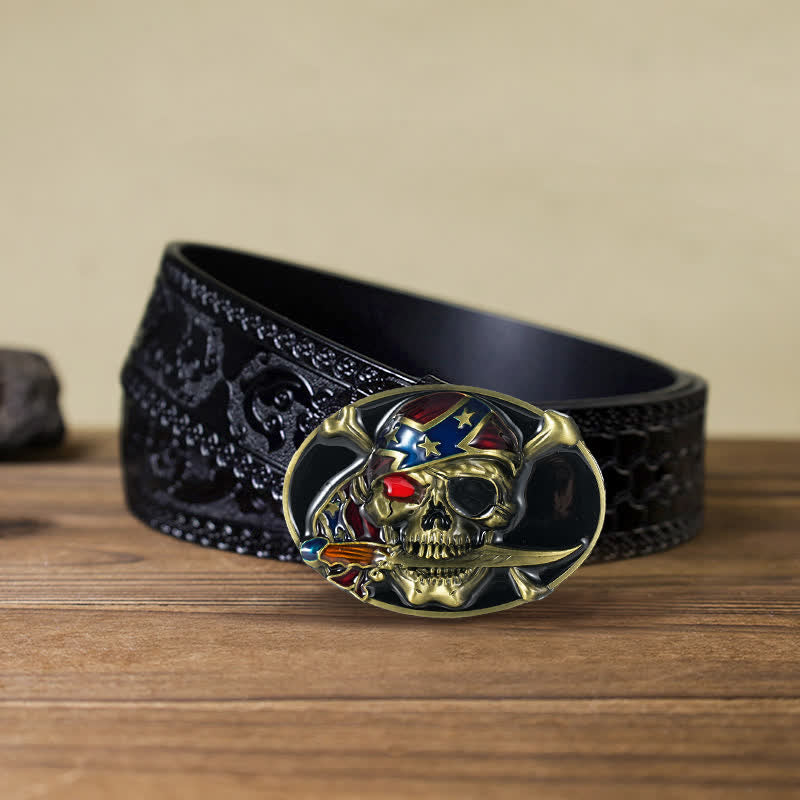 Ceinture en cuir à boucle pour homme avec tête de mort pirate