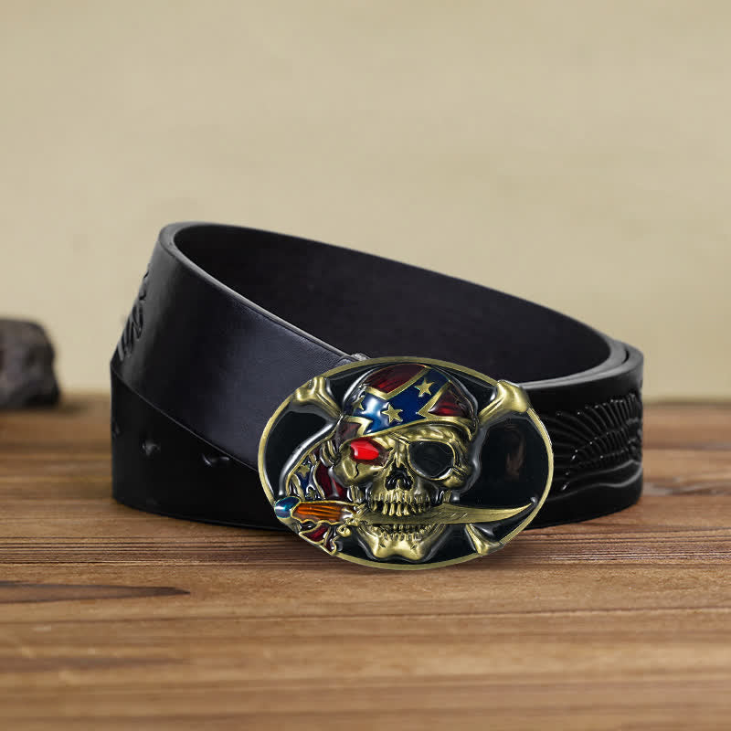 Ceinture en cuir à boucle pour homme avec tête de mort pirate