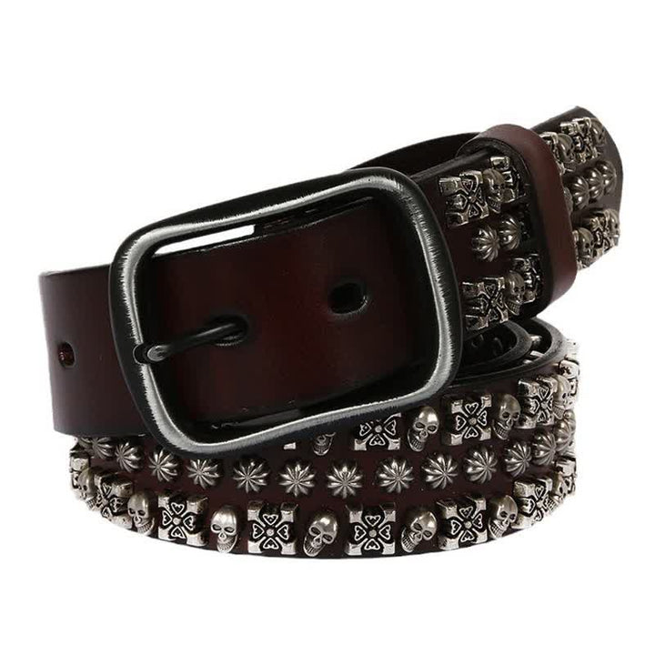 Ceinture en cuir à trois rangées de clous avec têtes de mort et os croisés