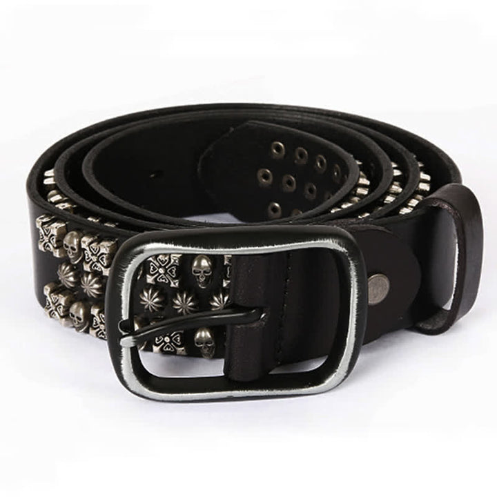 Ceinture en cuir à trois rangées de clous avec têtes de mort et os croisés