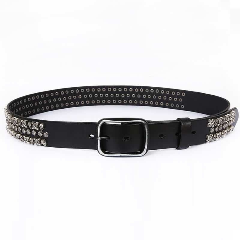 Ceinture en cuir à trois rangées de clous avec têtes de mort et os croisés