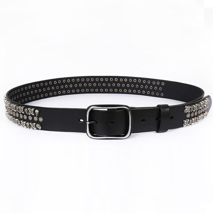 Ceinture en cuir à trois rangées de clous avec têtes de mort et os croisés