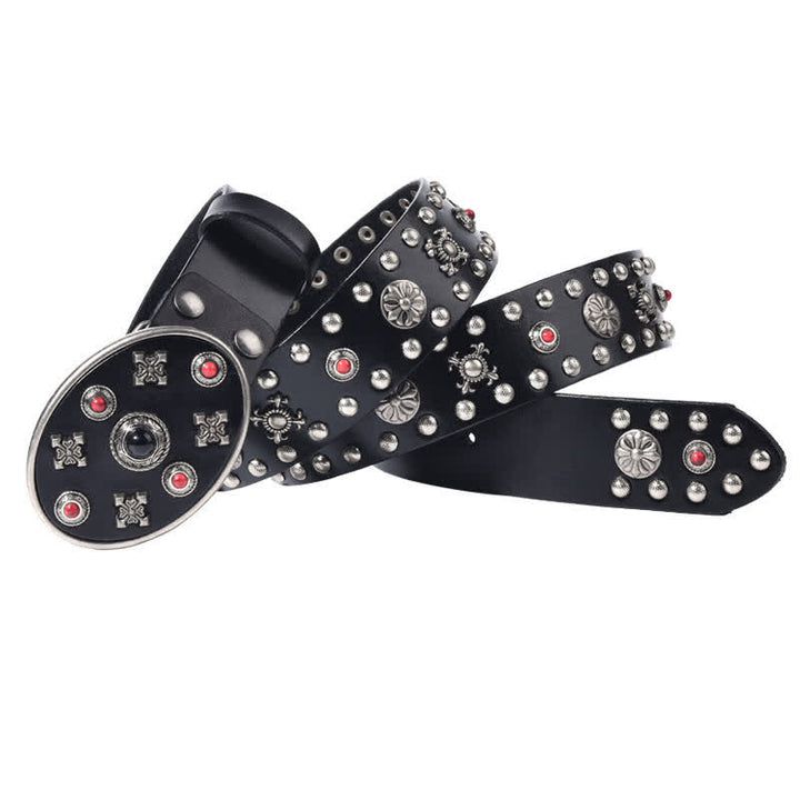 Ceinture en cuir avec rivets floraux gravés de pierres précieuses en résine