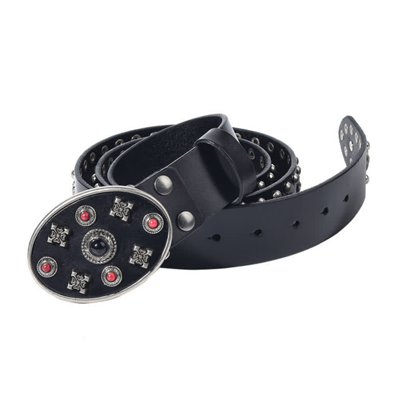 Ceinture en cuir avec rivets floraux gravés de pierres précieuses en résine
