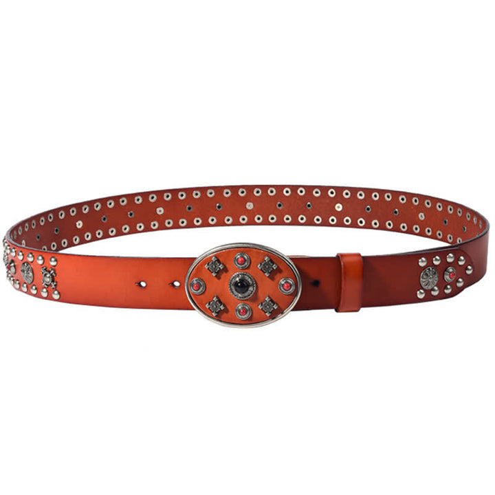 Ceinture en cuir avec rivets floraux gravés de pierres précieuses en résine