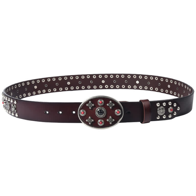 Ceinture en cuir avec rivets floraux gravés de pierres précieuses en résine