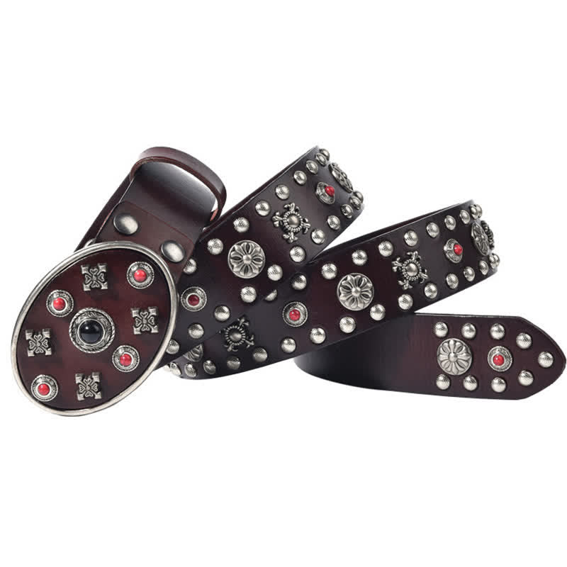 Ceinture en cuir avec rivets floraux gravés de pierres précieuses en résine