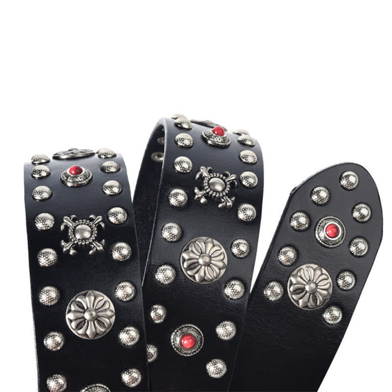 Ceinture en cuir avec rivets floraux gravés de pierres précieuses en résine
