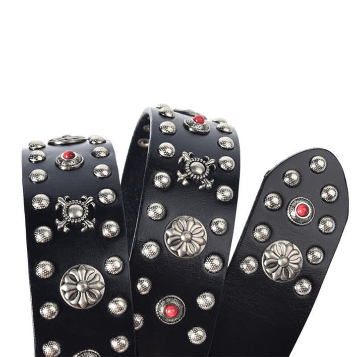 Ceinture en cuir avec rivets floraux gravés de pierres précieuses en résine