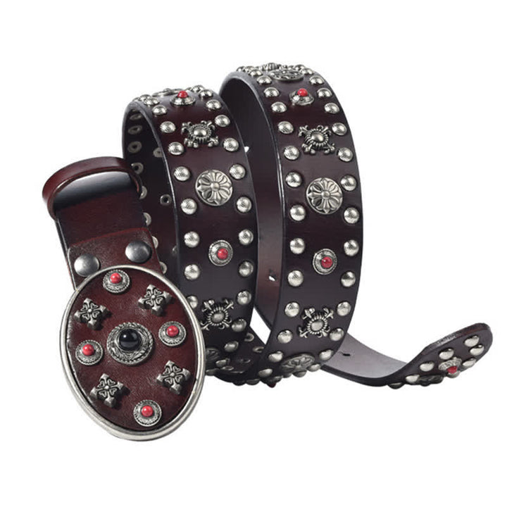 Ceinture en cuir avec rivets floraux gravés de pierres précieuses en résine