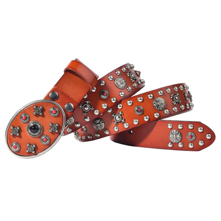 Ceinture en cuir avec rivets floraux gravés de pierres précieuses en résine