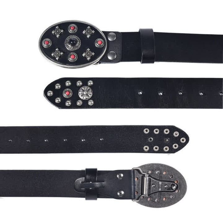 Ceinture en cuir avec rivets floraux gravés de pierres précieuses en résine