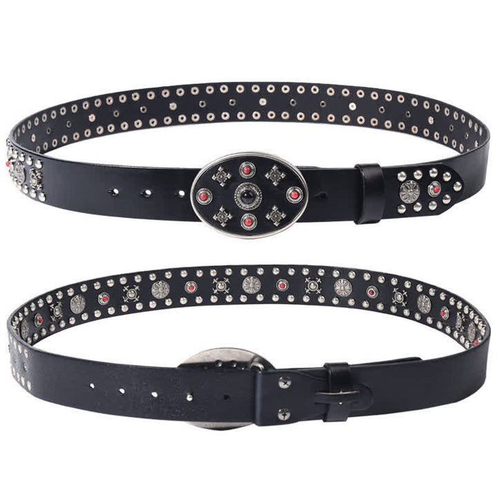 Ceinture en cuir avec rivets floraux gravés de pierres précieuses en résine