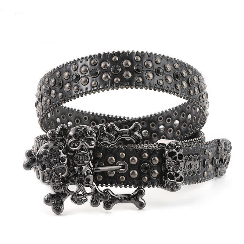 Ceinture en cuir avec mini tête de mort et rivets en strass