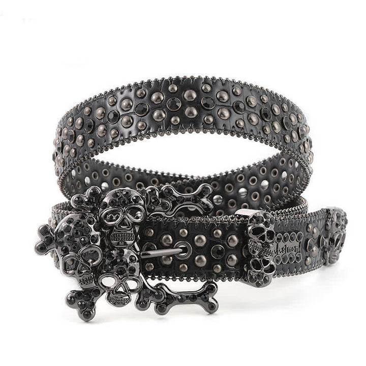 Ceinture en cuir avec mini tête de mort et rivets en strass