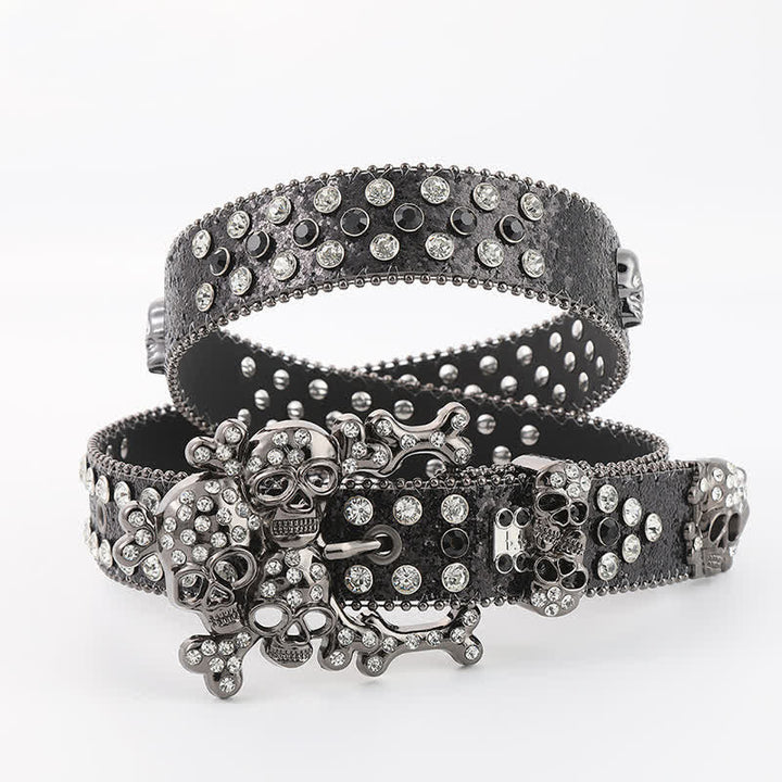 Ceinture en cuir avec mini tête de mort et rivets en strass
