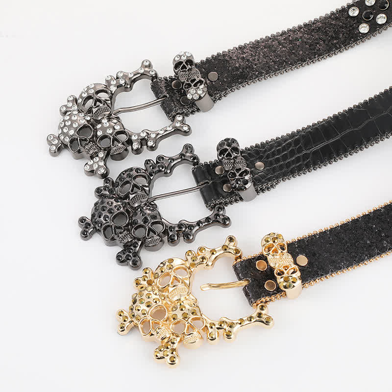 Ceinture en cuir avec mini tête de mort et rivets en strass