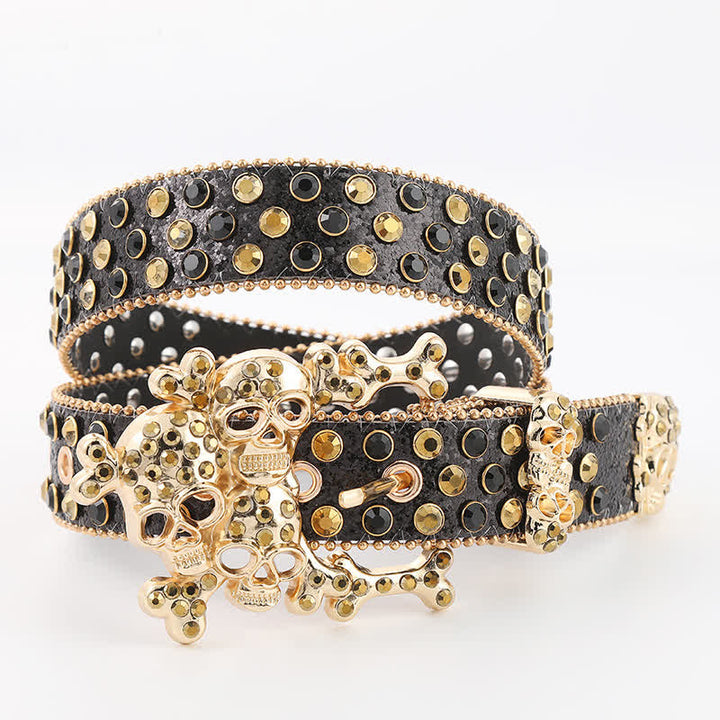 Ceinture en cuir avec mini tête de mort et rivets en strass