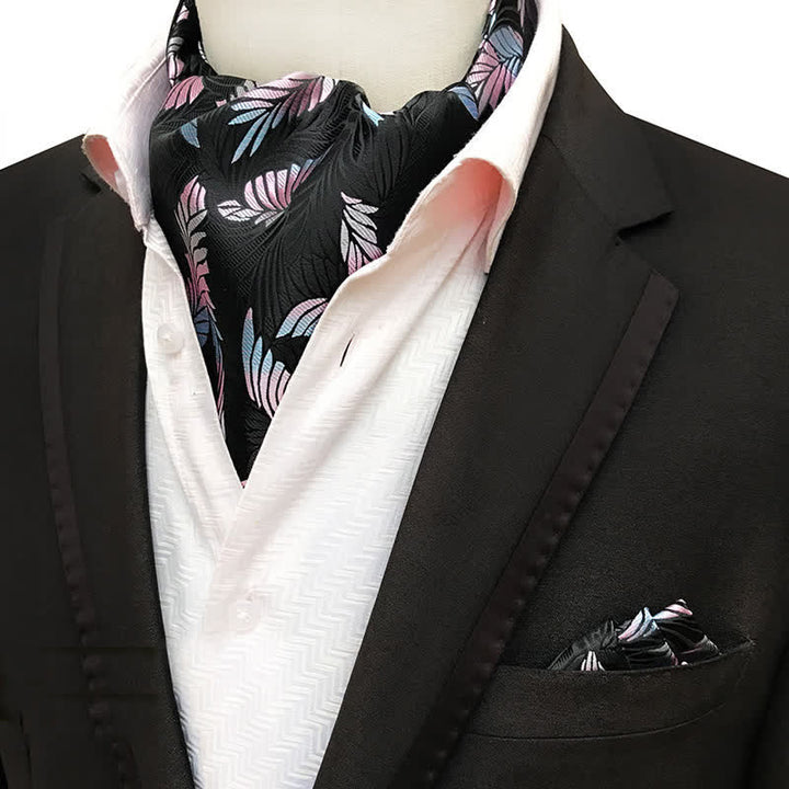 Ensemble de 2 mouchoirs de poche et cravate noirs à feuilles roses