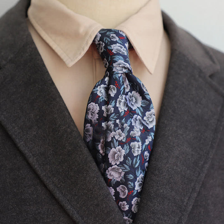 Cravate décontractée à motif floral gris et bleu marine pour homme