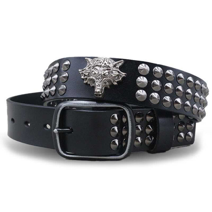 Ceinture en cuir cloutée à trois rangées de rivets à tête de loup