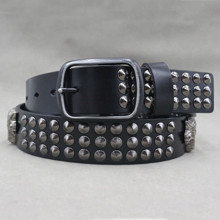 Ceinture en cuir cloutée à trois rangées de rivets à tête de loup