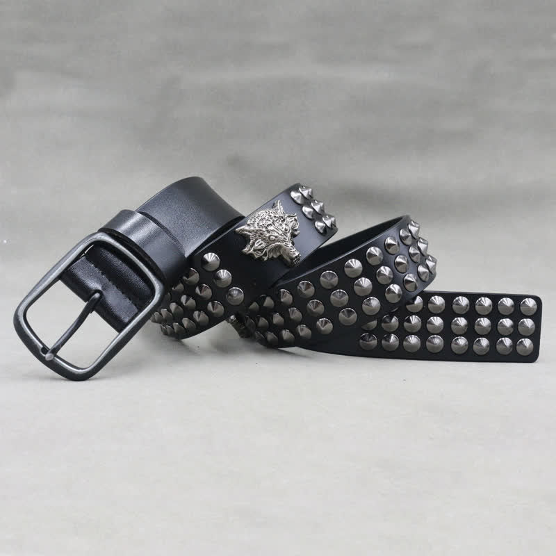 Ceinture en cuir cloutée à trois rangées de rivets à tête de loup